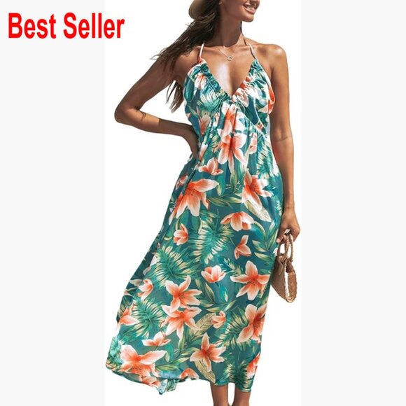 Backless Halter Maxi Sundress with Ruffle Plunge V Neck Sleeveless